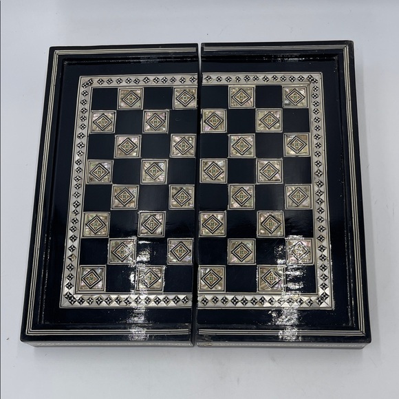 Vintage Elegant Black and Silver Chess Set Backgammon Game Board Case Checkers - Picture 1 of 9